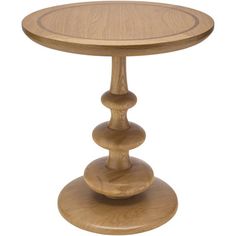 a wooden table with three stacked wood discs on it's legs and a white background