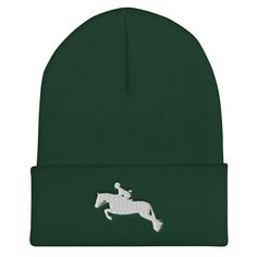 "A snug, form-fitting beanie. It's not only a great head-warming piece but a staple accessory in anyone's wardrobe.  100% Turbo Acrylic 12\" in length Hypoallergenic  Unisex style" Winter Beanie With Embroidered Logo, Fitted Green Beanie, Embroidered Fitted Beanie Hat, Fitted Green Beanie For Winter, Fitted Green Winter Beanie, Embroidered Logo Beanie One Size Fits Most, Embroidered Logo Beanie, Horse Face, Hunter Jumper