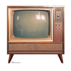 an old fashioned television sitting on top of a wooden stand in front of a white background