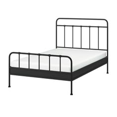 a metal bed frame with white sheets and black rails on the headboard, against a white background