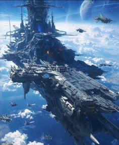 an artist's rendering of some sci - fi ships floating in the sky