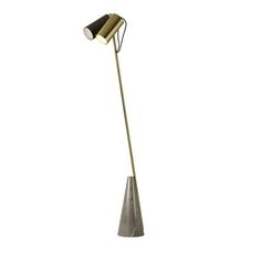 a metal floor lamp with a black shade on the top and a white light at the base