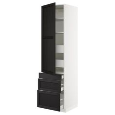 a tall cabinet with two drawers and one door open to reveal the bottom drawer in black and white