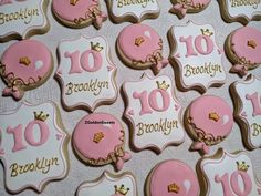 pink and gold decorated cookies for a 10th birthday