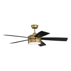 a gold ceiling fan with two black blades and a light on the top of it