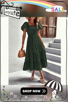 Army Green Square Neck Puff Sleeve Pleated Casual Dress Women Dresses Casual, Casual Dress Women, Green Square, Women Dresses, Dresses Casual, Casual Dresses For Women, Square Neck, Army Green, Puff Sleeve