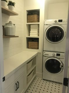 a washer and dryer in a small room with white tile flooring, open shelving