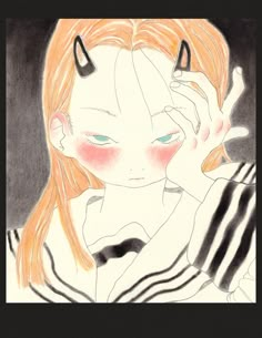 a drawing of a girl with horns on her head and hands in front of her face