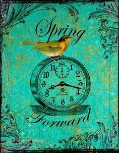 a bird sitting on top of a clock with the words spring forward written below it