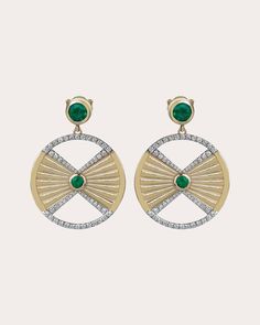 Crafted from 14-karat gold, the Crepuscular earrings detail their circular drops with radial motifs to reflect solar inspiration. Round-cut emeralds and pavé-set diamonds create dimensional shimmer. From SIM and ROZ’s Equinox Collection, pieces inspired by the cycle of day and night. Post-back closure 14k yellow gold, emerald and diamond Carat: 0.57 ctw diamond, 0.7 ctw emerald Diamond color: E-F Diamond clarity: VS2 Polish with soft cloth Handmade in Turkey Measurements Drop diameter: 0.8in Emerald And Diamond Earrings, Emerald Diamond, Diamond Color, Diamond Carat, Diamond Clarity, Colored Diamonds, Round Cut, Diamond Earrings, Emerald