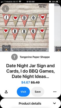 an iphone screen showing the date night jar sign and cards i do bbq games, date night ideas