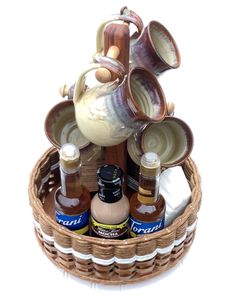 a wicker basket filled with sauces and condiments