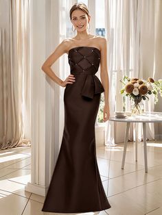 Fabric: Satin Silhouette: Trumpet/Mermaid Neckline: Strapless Hemline/Train: Floor-Length Embellishment: Bowknot Sleeve: Sleeveless Shown Color: Gray Satin, Formal Dresses