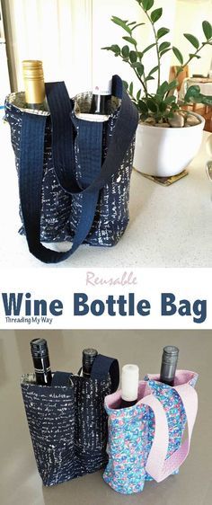 the wine bottle bag is made out of fabric and has two bottles in each pocket