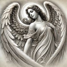 an angel with large wings on it's chest and arms, standing in front of a