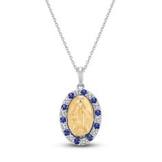 The iconic silhouette of Mary, mother of Jesus, shines in 10K yellow gold in the oval center of this beautiful necklace. Set in classic sterling silver, a frame of round-cut blue and white lab-created sapphires surround, finishing the look. The pendant hangs from an 18-inch cable chain and secures with a lobster clasp. Lab-created Sapphire Round Necklace For Gift, Birthstone Necklace With Lab-created Sapphire For Gift, Sapphire Birthstone Necklace In Lab-created Sapphire, Pendant Necklace With Lab-created Sapphire Gemstone, Blue Lab-created Sapphire Pendant Jewelry, Kay Jewelers, White Lab, Necklace Clasps, Accessories Jewelry Necklace