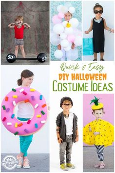 some kids are dressed up in costumes for halloween and have fun with balloons, pineapples, doughnuts, and more