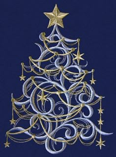 a christmas tree with gold stars and swirls