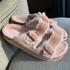 - Brand New - Perfect Condition - Beautiful Soft Pink Pink Slippers With Textured Footbed And Round Toe, Pink Leather Casual Slippers, Casual Pink Leather Slippers, Pink Leather Round Toe Slippers, Spring Slippers With Faux Fur Lining And Round Toe, Pink Round Toe Winter Slippers, Birkenstock Pink, Shoes Birkenstock, Birkenstock Arizona