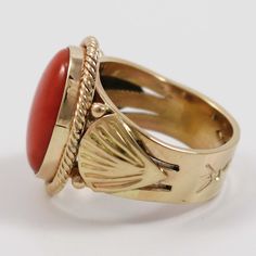 14k Gold Ring with Hand-Stamped and Twisted Wire Design and set with Coral.Ring Size: 7.5.5” Setting Width, .75” Setting Height.25” Band Width Twisted Wire, Coral And Gold, 14k Gold Ring, Hand Stamped, Gold Rings, Coral, Band, Gold