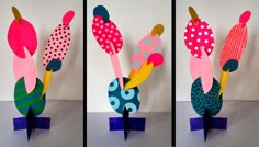 three different images of colorful paper flowers on top of each other with polka dot designs