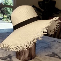 This Hat Is So Adorable! Square Woven With Frayed Edges! Ribbon Decorates Inner Circumference. 17" Brim To Brim. 7" Head Round. Trendy White Straw Hat, White Summer Fedora With Curved Brim, White Beach Fedora (one Size Fits Most), White Fedora For Beach, One Size Fits Most, White Fedora For Beach, Lightweight White Fedora With Short Brim, Trendy White Brimmed Straw Hat, White Adjustable Casual Straw Hat, Trendy White Fedora Straw Hat