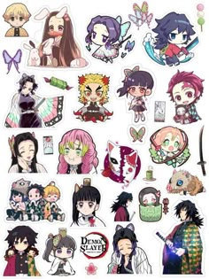 anime stickers with different characters and their names on them, all in various colors