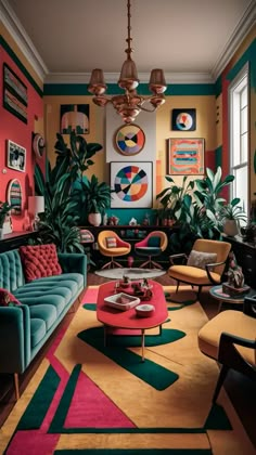 an eclectic living room with colorful walls and rugs on the floor, potted plants