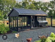 a chicken coop with two chickens in it