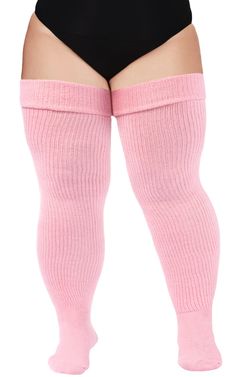 Stay stylish and comfortable with these plus size baby pink thigh high socks. Perfect for pairing with your favorite boots, these socks are crafted from a soft and stretchy cotton and spandex blend. With a classic ribbed design, these socks will keep you looking and feeling your best all day long. Comfortable Pink Knee-high Socks, Comfortable Knee-high Pink Socks, Fall Season Pink Stretch Knee-high Socks, Pink Stretch Knee-high Socks, Comfortable Stretch Pink Knee-high Socks, Trendy Pink Winter Legwear, Snug Pink Winter Socks, Snug Pink Socks For Winter, Fitted Pink Knee-high Winter Socks