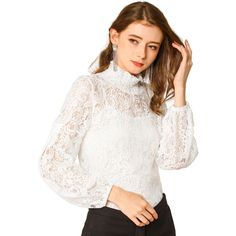 Crafted with vintage white lace, this sweet blouse infuses the ensemble with dainty femininity. This full-sleeve shirt is completed with gorgeous lace and elastic cuffs to finish your romantic and elegant look. The cute top is a timeless addition to your wardrobe. Suitable for Formal, Work, Office, Casual, Date, Night Club, Party, Shopping, Gathering, etc. Perfectly match high heels and a clutch bag for a vintage image and retro style. Fall Hiking Outfits For Women, Floral Lace Blouse, Womens Lace Tops, Hiking Outfit Women, White Lace Blouse, Floral Lace Tops, Mock Neck Long Sleeve, Puff Long Sleeves, Lace Top Long Sleeve