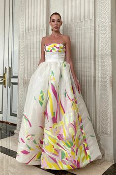 Floral printes organza dress - HerTrove Strapless Organza, Princess Silhouette, Ankara Gown, Organza Gowns, Ankara Gown Styles, Organza Dress, Floral Gown, Strapless Gown, Fitted Bodice