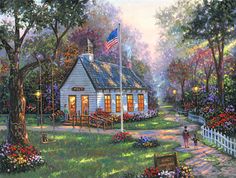 a painting of a small white house surrounded by flowers and trees with a flag on top