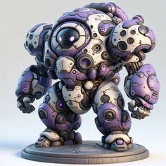 a large purple and white robot standing on top of a base