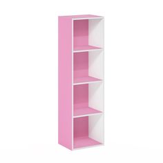 a pink and white book shelf against a white background