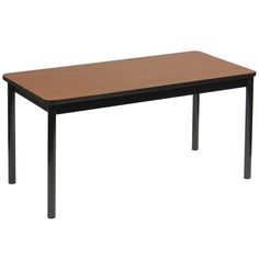 a wooden table with black legs and a brown top on an isolated white background,