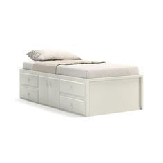 Acadia Shaker Storage Bed with Eight Drawers and Four Doors. Featuring four drawers and two doors on each side for storage, shown in white. 2023 Beds, Side Bed Drawers, Bed Drawers Storage, Twin Bed Storage, Birch Bed Frame, Shaker Storage, Storage For Shoes, Toddler Room Ideas, Bed Drawers