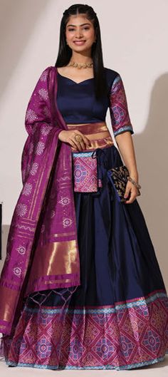 Blue color Lehenga in Silk fabric with Printed work Indigo Traditional Wear For Wedding With Cutdana Details, Indigo Traditional Wear For Wedding And Navratri, Indigo Wedding Traditional Wear With Cutdana, Anarkali Style Indigo Wedding Sets, Indigo Dupatta For Wedding And Festivals, Indigo Wedding Dupatta For Festivals, Indigo Dupatta With Pallu For Wedding, Indigo Wedding Dupatta With Pallu Detail, Indigo Dupatta For Wedding And Diwali