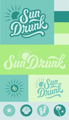 the sun drink logo is shown in different colors and font styles, as well as an image