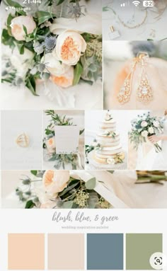 a wedding color scheme with peach, blue and green colors on the bottom right corner