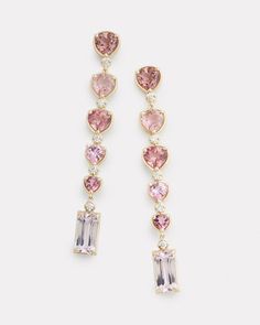 18K Yellow Gold Ombré Pear Shape and Emerald Cut Drop Earrings with Pink Tourmaline, Kunzite and Diamonds, .3 TCW 2 1/4 Inches Long x 1/4 Inch Wide Style# YEOWPPTW Luxury Pear-shaped Pink Earrings, Drop Earring, Pink Tourmaline, Pear Shape, Emerald Cut, Pear Shaped, Tourmaline, 4 Inch, Pear