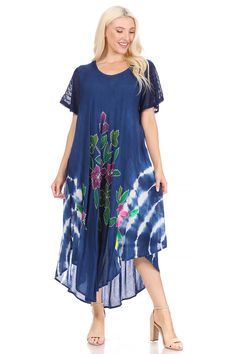 Sakkas' summer dress features sheer crepe cap sleeves, embroidered painted floral design, tie dye accent, relaxed fit and soft rayon fabric in beautiful colors. Women's rayon dress features beautiful colors and easy comfortable style.