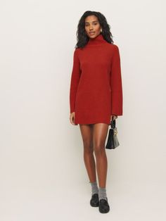 Cozy up. Shop the Ozzy Sweater Dress from Reformation, a long-sleeve mini dress with a turtle neckline and ribbing throughout. Wool Sweater Dress, Sundried Tomato, Holiday Clothing, Long Sleeve Mini, New Tops, Long Sleeve Mini Dress, Wool Sweater, Holiday Dresses, Holiday Outfits