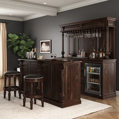 Take your hosting skills to the level with our Nahant Traditional Home Bar Set with Stools that add a touch of class. Every item in this 4 piece home bar set showcases solid wood craftsmanship adding a cozy and refined vibe to your living space. Whether you are mixing up cocktails or enjoying a cozy night, this home bar set complete with stools adds a special touch to any event making it truly unforgettable. Specifications: • Drawing inspiration from a traditional design, this home bar set with stools is handcrafted from exquisite solid wood that exhibits elegance and charm. • The grace of this bar set is adorned by a rich dark stain finish that brings out the natural beauty of the wood and gives it a refined look while exuding warmth and uniqueness in every detail. • Uniquely designed thi Bars For Home Man Caves, Home Bar Cabinet Ideas, Home Bar Ideas Living Room, Bar Cabinet Designs, Home Whiskey Bar, Bar Area In Home, Bar Unit In Living Room, Bar Cabinet Ideas, Corner Bar Furniture