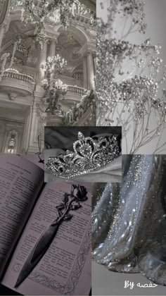 a collage of photos with silver and black details, including a tiara on top of an open book