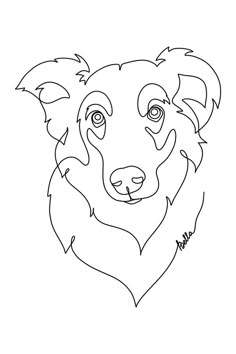 a black and white drawing of a dog's face