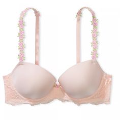 Brand New 38g Light Pink Rose Appliqu Straps Lightly Lined Demi Style Pink Feminine Wedding Bra, Pink Feminine Bra For Wedding, Pink Lace Trim Wedding Bra, Pink Lace Trim Bra For Wedding, Wedding Bra With Pink Lace Trim, Wedding Bra With Lace Trim In Pink, Elegant Pink Summer Bra, Elegant Spring Push-up Bra, Feminine Padded Bra By Victoria's Secret