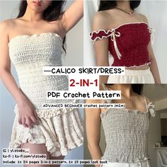 [NOT THE BUNDLE] Calico Top/Dress is a coquette style top and dress, designed to elegantly accentuate the body shape through the use of crochet shirring. The design also includes 2 different sleeve/strap options as well as an additional bow/ribbon design. --The Pattern-  - 1x 24 pages written instructions of the Calico Top/Dress - 1x 15 pages tester's look book - m2m (made-to-measure) pattern - Written in US terminology | metric (cm)  - Crochet Experience: Advanced beginner (Confident beginner m Crochet Coquette Top, Crochet Babydoll Top, Crochet Patchwork Blanket, Shirring Top, Coquette Crochet, Dress Coquette, Crochet Tutorial Pattern, Quick Crochet Patterns, Coquette Style