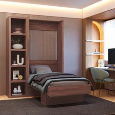 a bed sitting next to a wooden book shelf