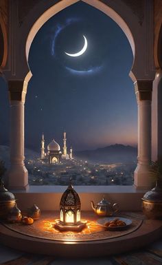 an open window with a view of the city at night and a crescent in the sky